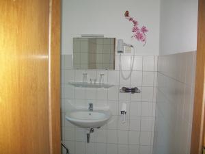 a bathroom with a sink and a mirror at Haus Darmstadt in Ankelohe +21 photos