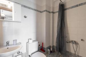 uma casa de banho com um WC, um lavatório e um chuveiro em Elia mini suites 7 em Lárissa