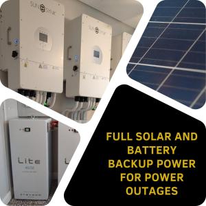 een groep reserveapparaten voor zonne-energie en batterijen met een banner bij Bonne Esperance Boutique Guest House in Stellenbosch