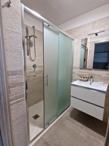 La salle de bains est pourvue d'une douche et d'un lavabo. dans l'établissement Da zia Giovanna Apartment, à Manfredonia