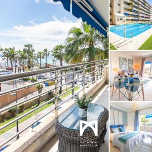 a collage of photos of a hotel balcony with a view of the ocean at VACATION MARBELLA I Marina de Banus Beach Retreat, Close to Marina and Shops in Marbella
