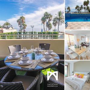 a collage of photos of a table with a view of the ocean at VACATION MARBELLA I Noray, Waterfront Flat, San Pedro, Pool, Perfect for Families in Marbella