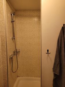 uma casa de banho com um chuveiro e uma banheira em Au cœur du massif jurassien em Les Rousses