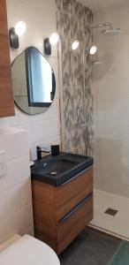 a bathroom with a sink and a shower at La terrasse des volcans in Saint-Genès-Champanelle +36 photos