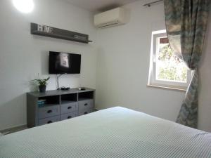 um quarto com uma cama, uma televisão e uma janela em Apartments Radmila em Porec