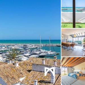 een collage van foto's van een jachthaven met boten bij VACATION MARBELLA I Stylish 5BDR Penthouse, Sea and Marina View in Marbella