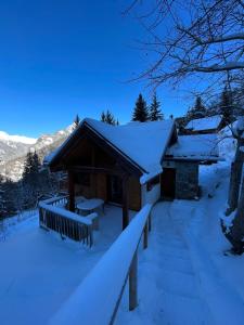 a log cabin in the snow with snow covered at Chalet with mountainview in Oz