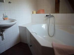 a bathroom with a bath tub and a sink at Pension Anna in Český Krumlov