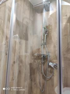 a shower in a bathroom with a glass door at Apartament Centrum Kościuszko in Suwałki