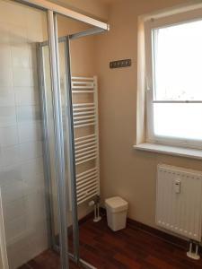 uma casa de banho com um chuveiro, um WC e uma janela. em Ferienwohnung Strandgut em Prerow