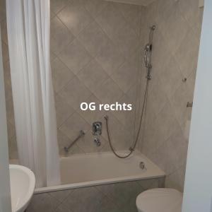 ein Bad mit einer Dusche, einer Badewanne und einem WC in der Unterkunft Ferienwohnungen Trapp-Mayer im ersten OG,Hunde willkommen in Bitzenhofen