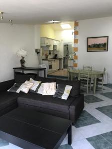 ein Wohnzimmer mit einem schwarzen Sofa und einer Küche in der Unterkunft le grenier d'Annick in Villefort