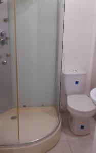 モンポスにあるHOTEL CASA VANIA MOMPOX, CON PARQUEADERO Y PISCINA, CENTRO HISTORICOoのバスルーム(トイレ、ガラス張りのシャワー付)