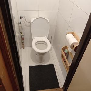 a small bathroom with a toilet with the lid up at Horský apartmán Krkonoše in Vítkovice