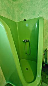 La salle de bains est pourvue d'une baignoire verte et d'une douche. dans l'établissement Ethereal Apartments, à Agrari
