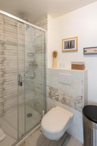 ein Bad mit einem WC und einer Glasdusche in der Unterkunft Dom Jelenia - 1km de la plage in Cancale