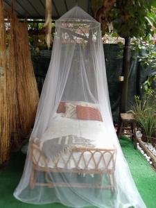 uma cama numa rede mosquiteira num jardim em Mango House em Milano Marittima
