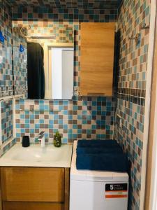 a bathroom with a sink and a toilet and a mirror at Week-end Porte de Clichy in Clichy