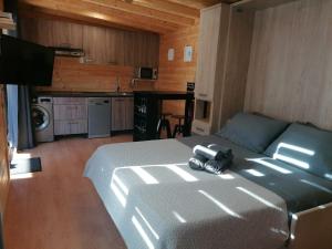 1 Schlafzimmer mit einem großen Bett und einer Küche in der Unterkunft Cabaña con piscina, urb. privada. Playa. in Carrió