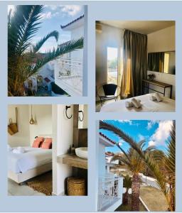 a collage of four pictures of a hotel room at Princess Hotel in Lassi
