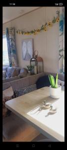 a table with a potted plant on it in a living room at N and B caravan hire Flamingo Land in Kirby Misperton