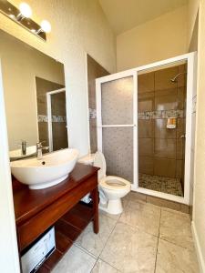 羅阿坦的住宿－Ocean View Hotel and Restaurant，一间带水槽、卫生间和淋浴的浴室