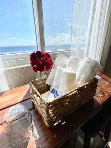羅阿坦的住宿－Ocean View Hotel and Restaurant，坐在窗前桌子上的篮子