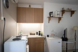 una pequeña cocina con estufa blanca y nevera. en Syros Moments, en Ermoupoli