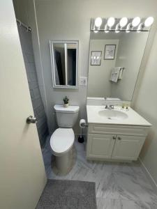 a bathroom with a toilet and a sink and a mirror at Amazing Condo 1/1 @Crystal CIty With Pool/Gym in Arlington