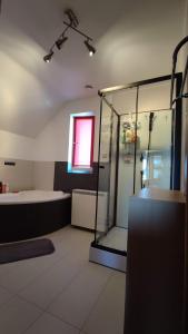 a large bathroom with a shower and a tub at Apartament Marzanna in Spytkowice