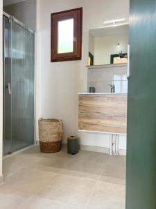 een badkamer met een douche, een wastafel en een spiegel bij Gîte Fuchsia in Carlux