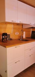 eine Küche mit weißen Schränken und einem Waschbecken in der Unterkunft Hausboot Wilhelmshaven - Traum Unterkunft an der Jade in Wilhelmshaven
