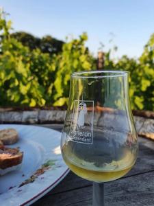 ein Glas Weißwein auf dem Tisch in der Unterkunft Superbe Loft, dégustations vignoble familial in Villars-en-Pons