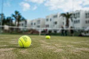 two tennis balls are sitting on a field at Sotavento Beach Club in Costa Calma