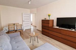 een woonkamer met een bank en een flatscreen-tv bij Słoneczny Apartament Symi in Sopot