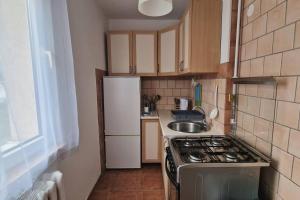een kleine keuken met een fornuis en een koelkast bij Słoneczny Apartament Symi in Sopot