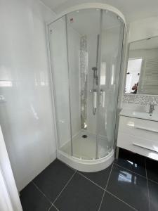 a bathroom with a shower and a sink at Petite maison cosy-9mn à pied gare, 5 mn plage ! in Pornichet