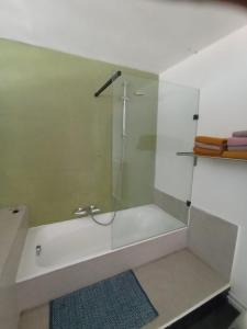 baño con ducha y puerta de cristal en Land Scape guesthouse, en Eeklo