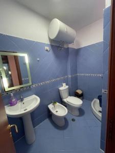 ein blaues Badezimmer mit 2 WCs und einem Spiegel in der Unterkunft Apartament 1+1 Golem in Golem