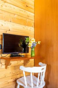 una mesa con TV y un jarrón de flores en B&B Chalet Il Picchio, en Varzo