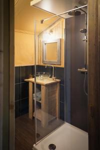 a bathroom with a shower with a sink and a shower at Landrijk De Reesprong boerderij in Haaksbergen