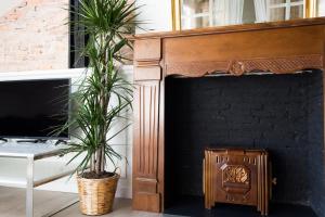 two potted plants sitting next to a fireplace at Sweet Surrender in Santander