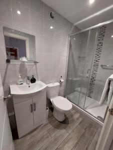 a bathroom with a shower and a toilet and a sink at Westbrook Lodge Guest House in Margate