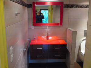 a person taking a picture of a bathroom with a red sink at Gîte des Pringets in Tresserves