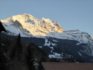 a snow covered mountain in front of a house at Chalet Gerbera in Wengen