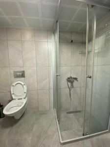 a bathroom with a shower and a toilet at Ali Apart in Antalya