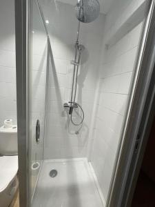 W łazience znajduje się prysznic ze szklanymi drzwiami. w obiekcie Petit Studio Centre-ville n°8 w Besançon