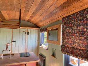 a room with a kitchen with a wooden ceiling at Novelist Shepherd's hut in Beaminster