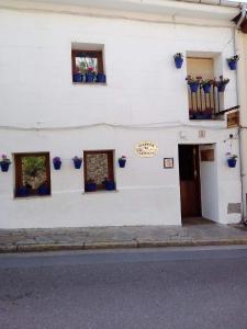 un edificio blanco con ventanas y macetas. en Albergue el Castillo, en Villafranca del Bierzo