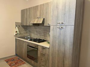 eine Küche mit Holzschränken und einem Waschbecken in der Unterkunft Nespolilla in Petrosino